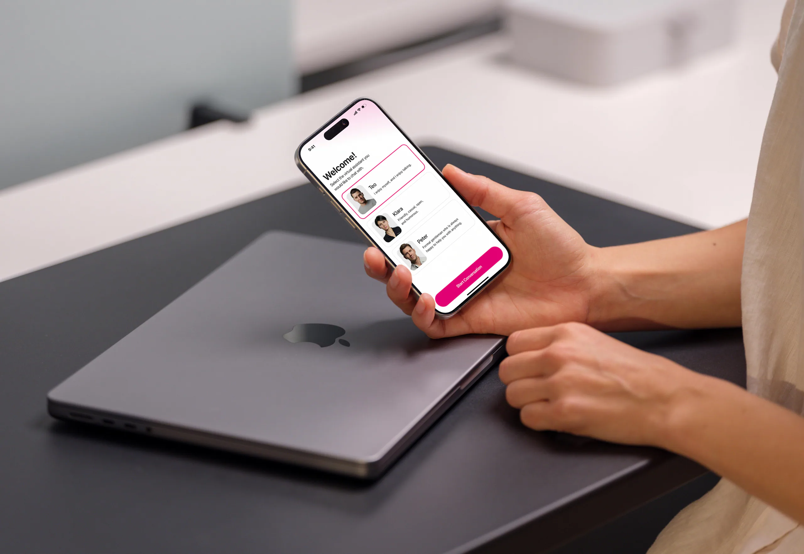 T-Mobile persona-selection screen — male and female assistant choices