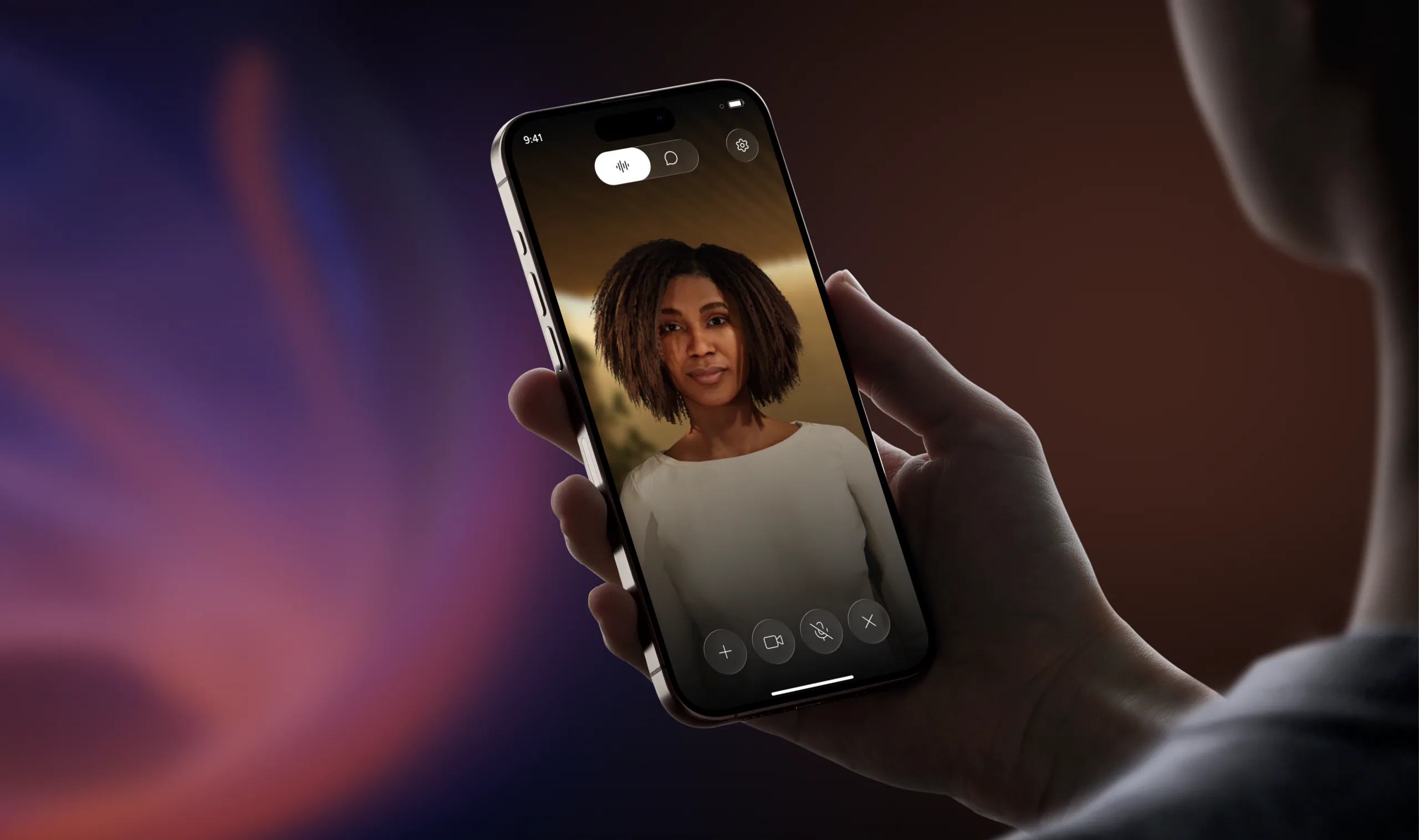 Woman taking a Promethist orb call — the same agent on every channel